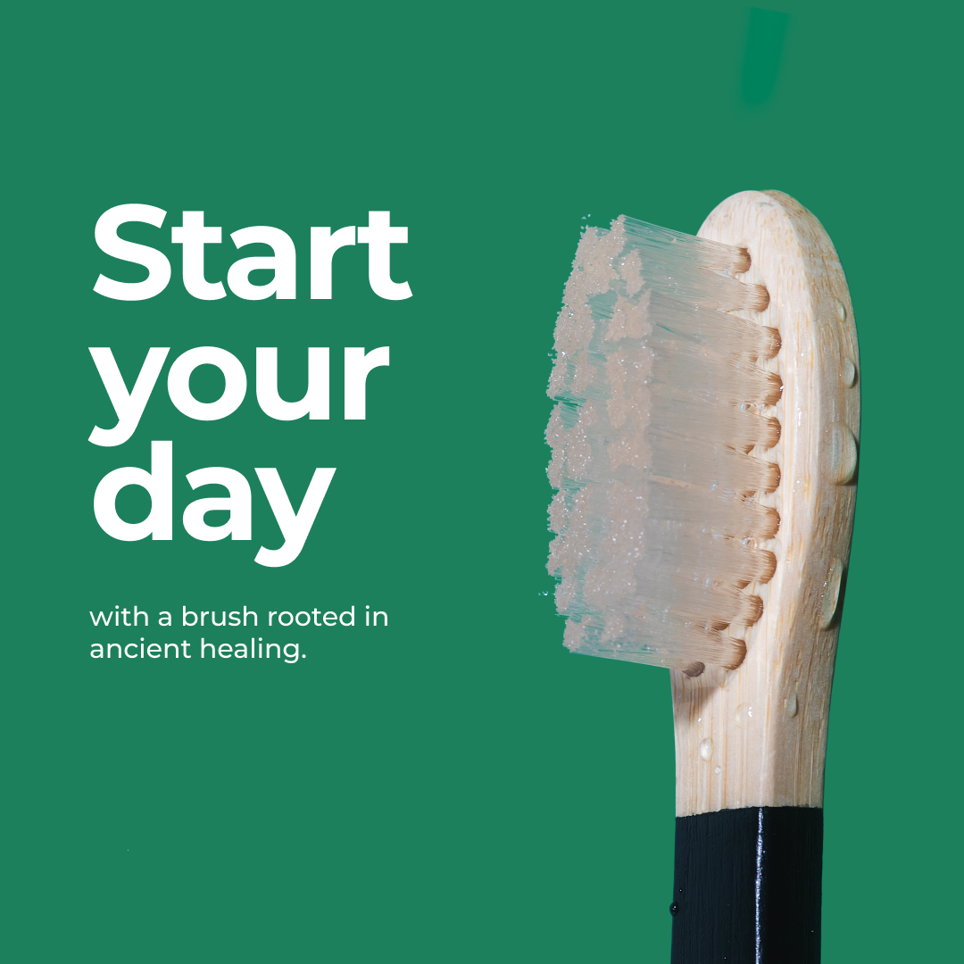 Miswak toothbrush with text 'Start your day with a brush rooted in ancient healing' on a green background, featuring the RemoBrush brand.